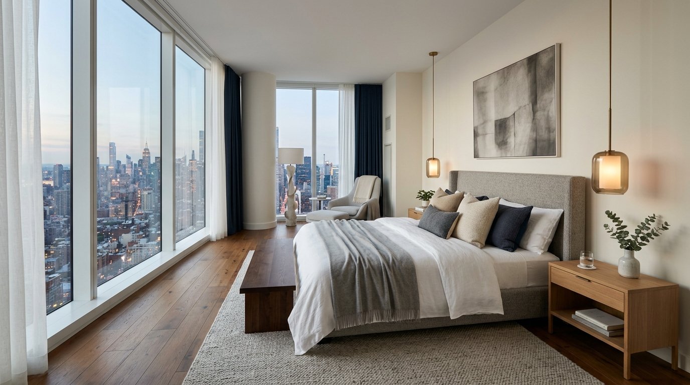 Prestige Pallavaram Gardens master bedroom suite interior design with engineered oak hardwood flooring and panoramic skyline views