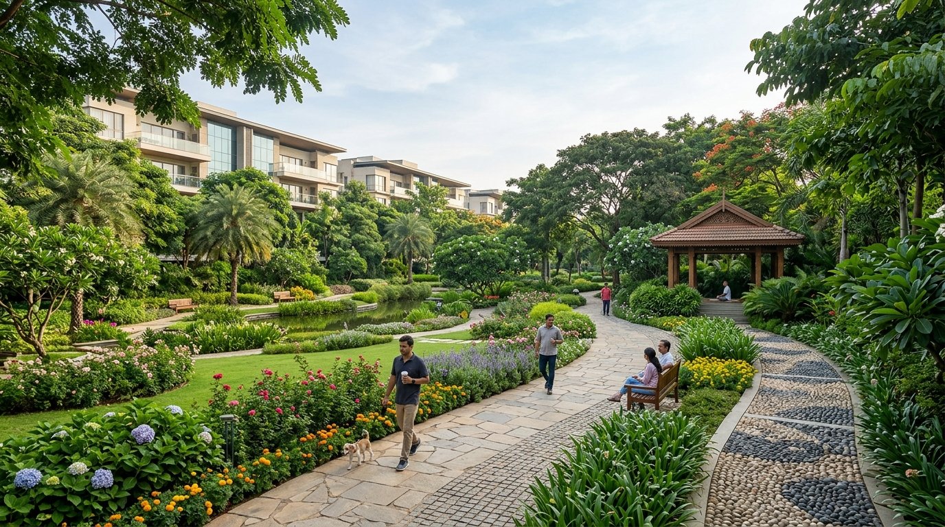 Prestige Pallavaram Gardens central botanical park with manicured gardens, walking jogging track and meditation pergolas across 21.84 acres