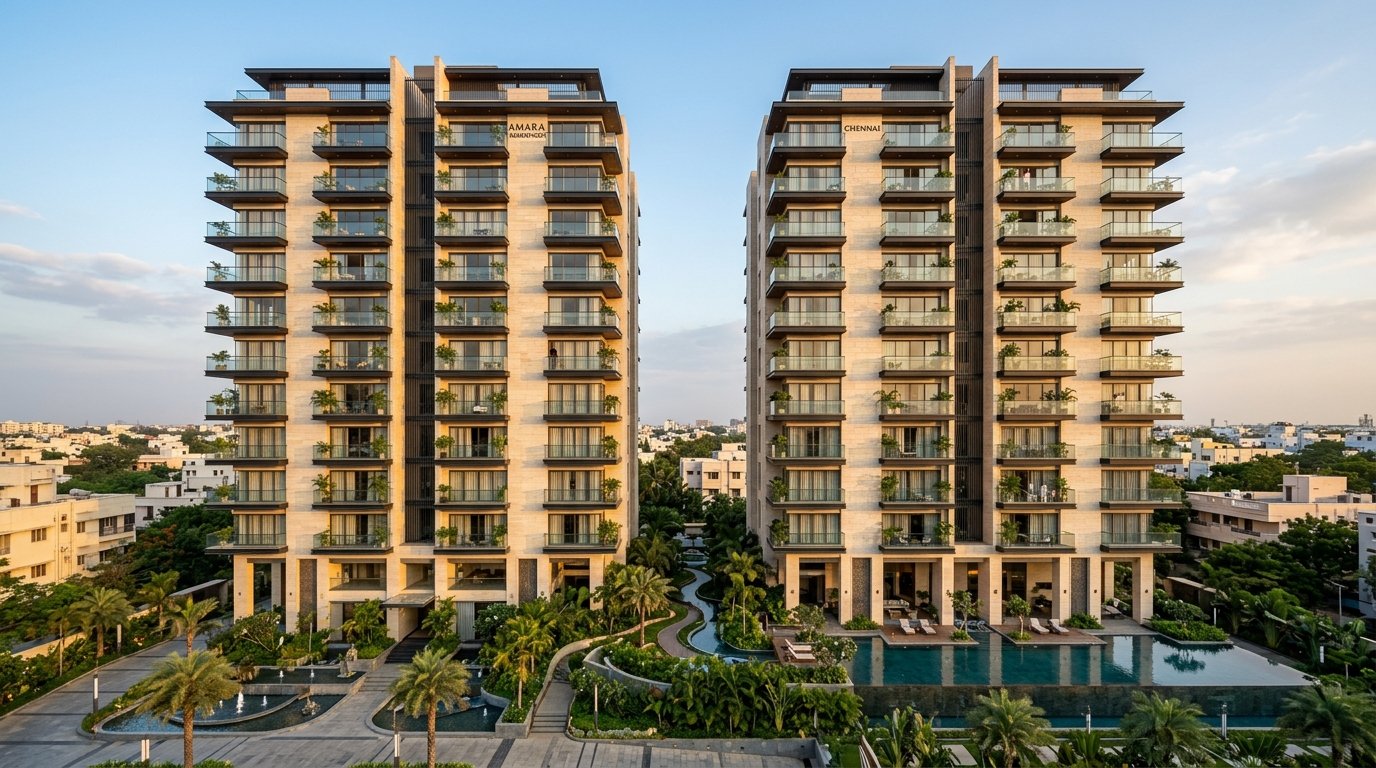 Prestige Pallavaram Gardens high-rise residential towers outer elevation - 2B+G+14 floor contemporary architecture on 200 Feet Radial Road Nemilichery Pallavaram Chennai